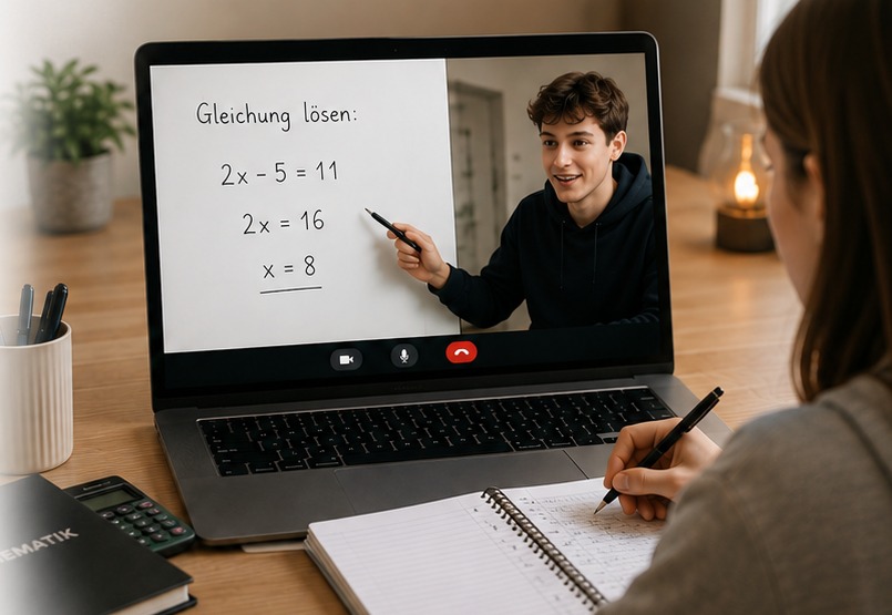 Online-Nachhilfestunde: Ein Tutor erklärt eine lineare Gleichung im Video-Call